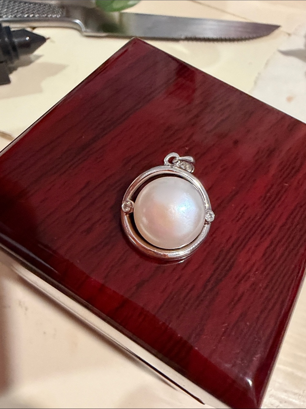 Fresh water White Pearl natural diamond and Silver Pendant vintage